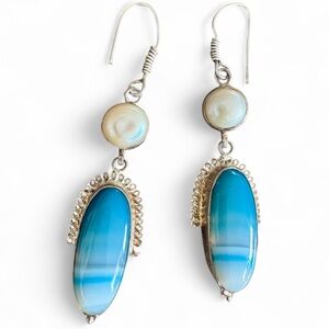 Vintage Handmade Sterling Silver Blue Banded Agate Drop Earrings with Pearls